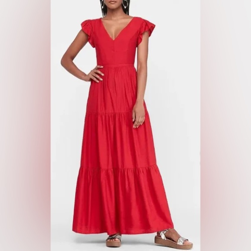 Express Red Ruffle Sleeve Open back Maxi Dress